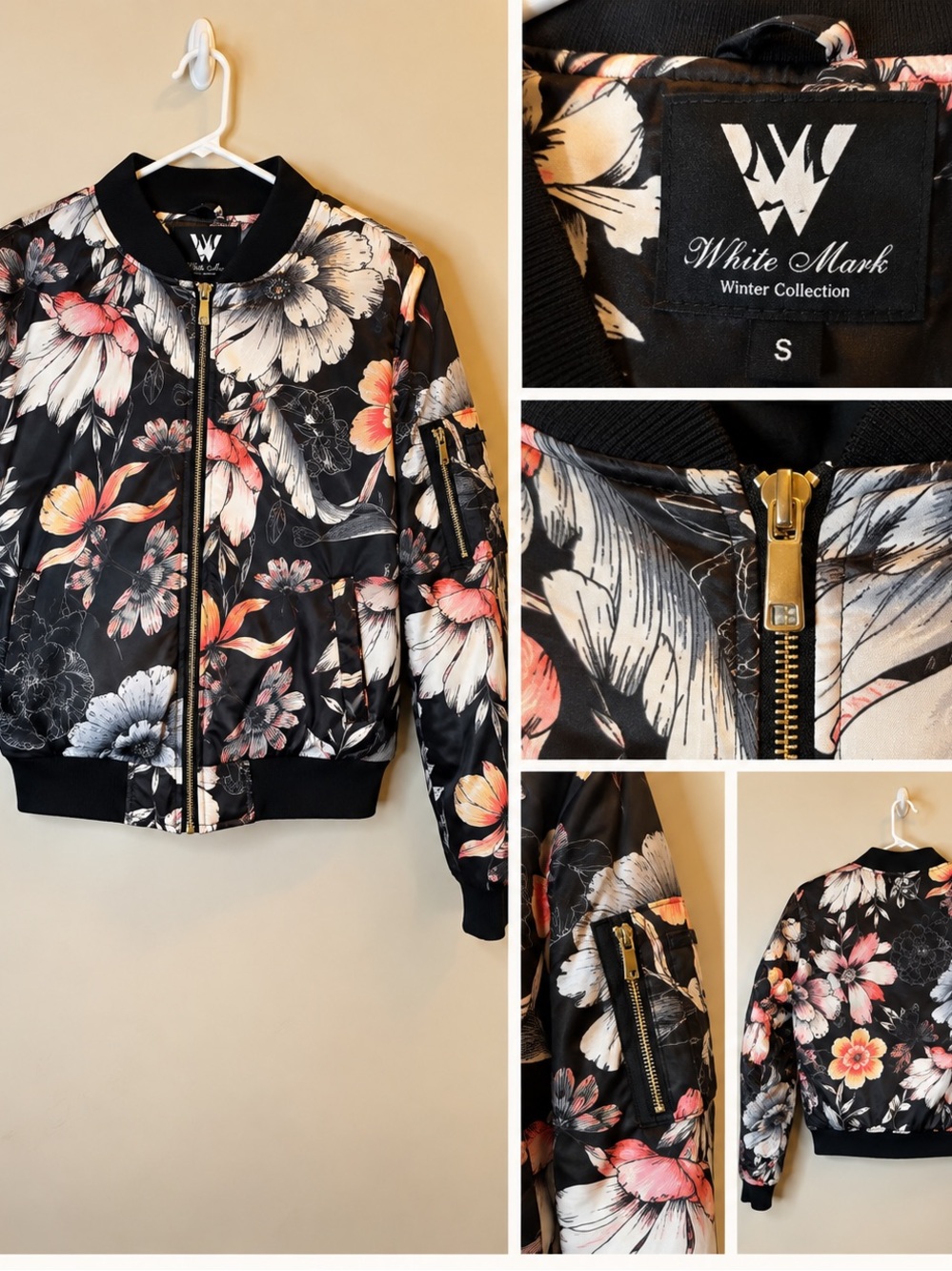 White Mark Black Floral Bomber Jacket with Pink & Cream Blooms